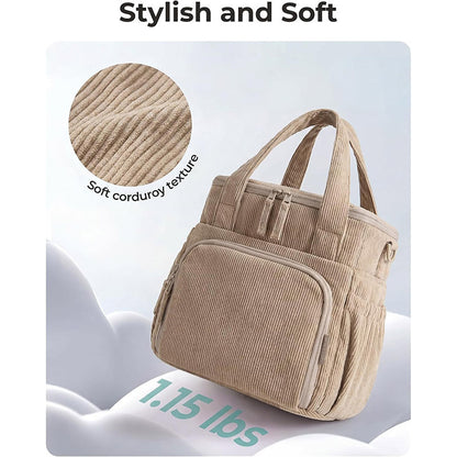 soft khaki corduroy insulated lunch bag showing ribbed fabric texture and 1.15 lb product weight