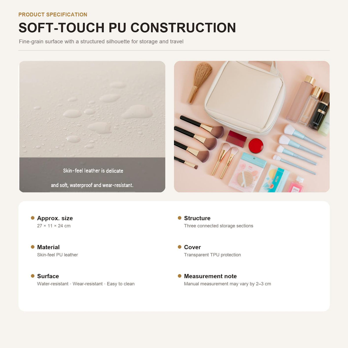 soft touch pu makeup bag with fine grain finish water resistant surface and approximate 27 by 11 by 24 cm dimensions