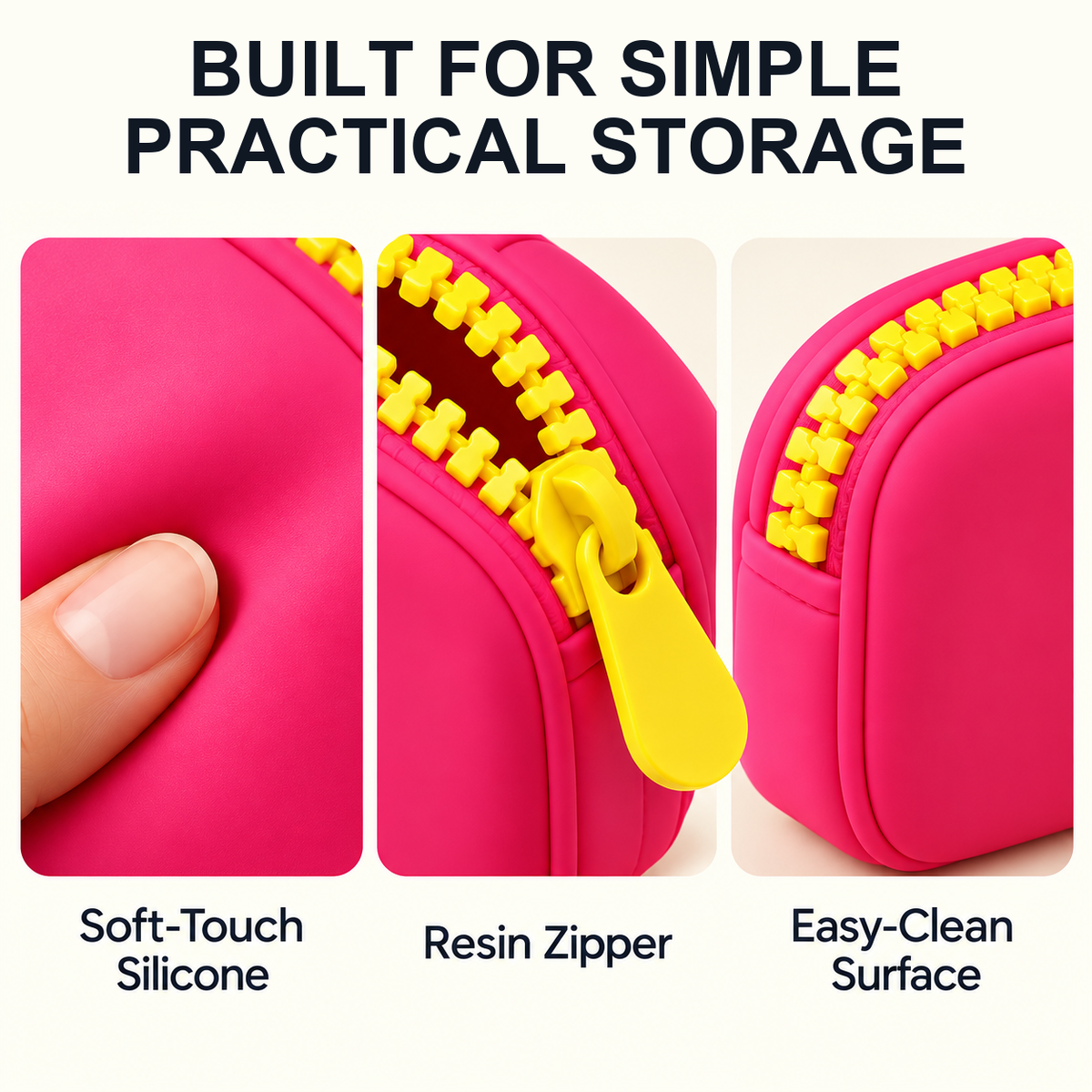 close up of soft touch silicone cosmetic pouch with yellow resin zipper puller large zipper teeth and smooth wipe clean surface