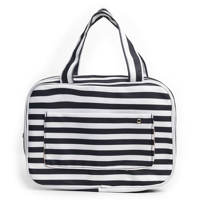 striped black makeup bag with quilted fabric for cosmetic storage