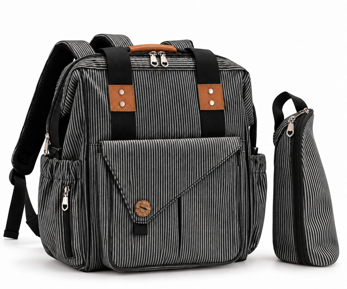 black striped maternity backpack with structured main compartment front flap pocket and matching separate zippered bottle bag
