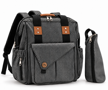 black striped maternity backpack with structured main compartment front flap pocket and matching separate zippered bottle bag