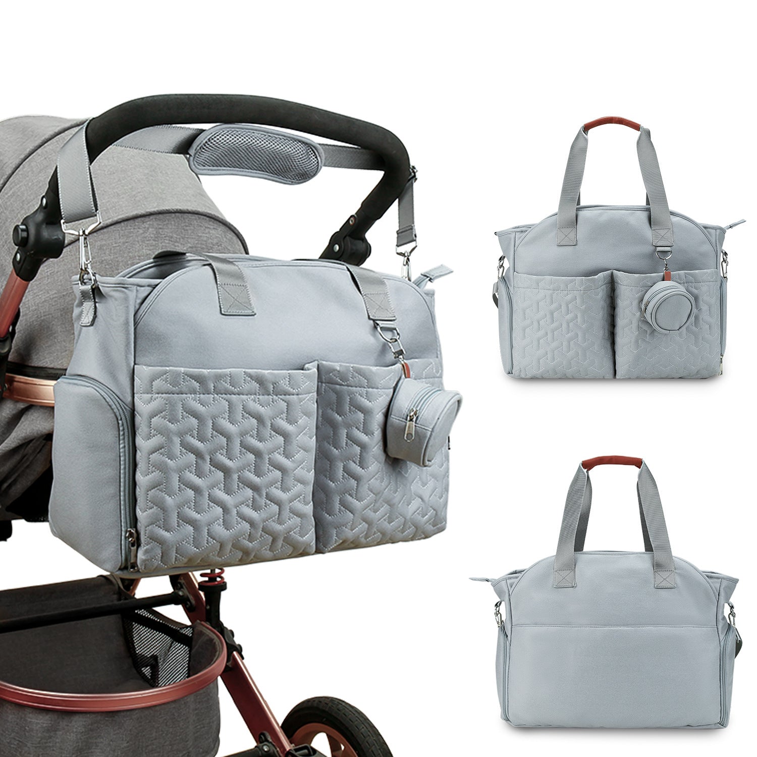Diaper tote bag attached to baby stroller for travel and daily outings