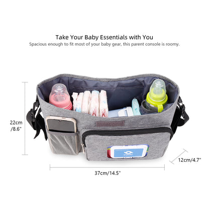 baby stroller organizer with multiple storage compartments