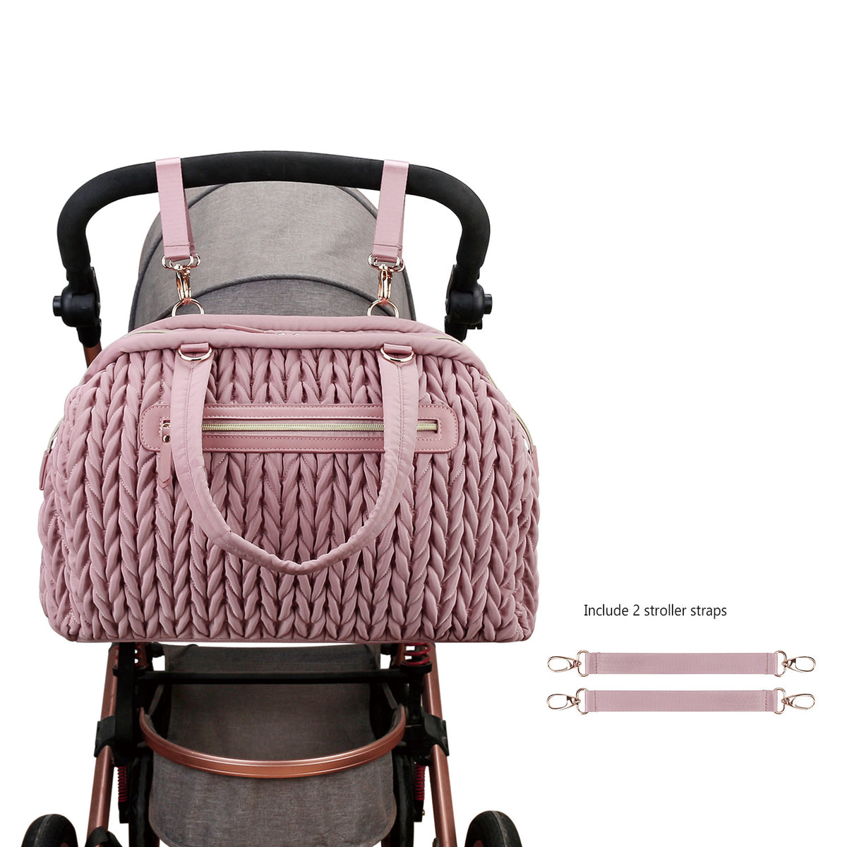 quilted diaper tote attached to stroller with two detachable stroller straps