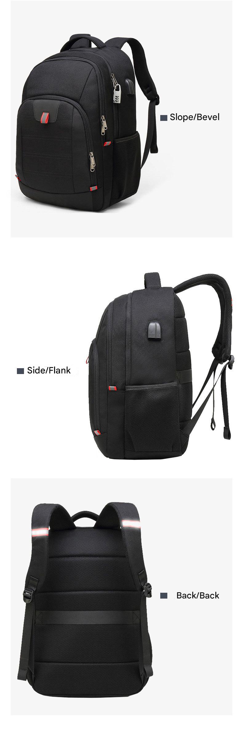structured work pack shown from front, side and rear with mesh pockets, padded straps and trolley sleeve
