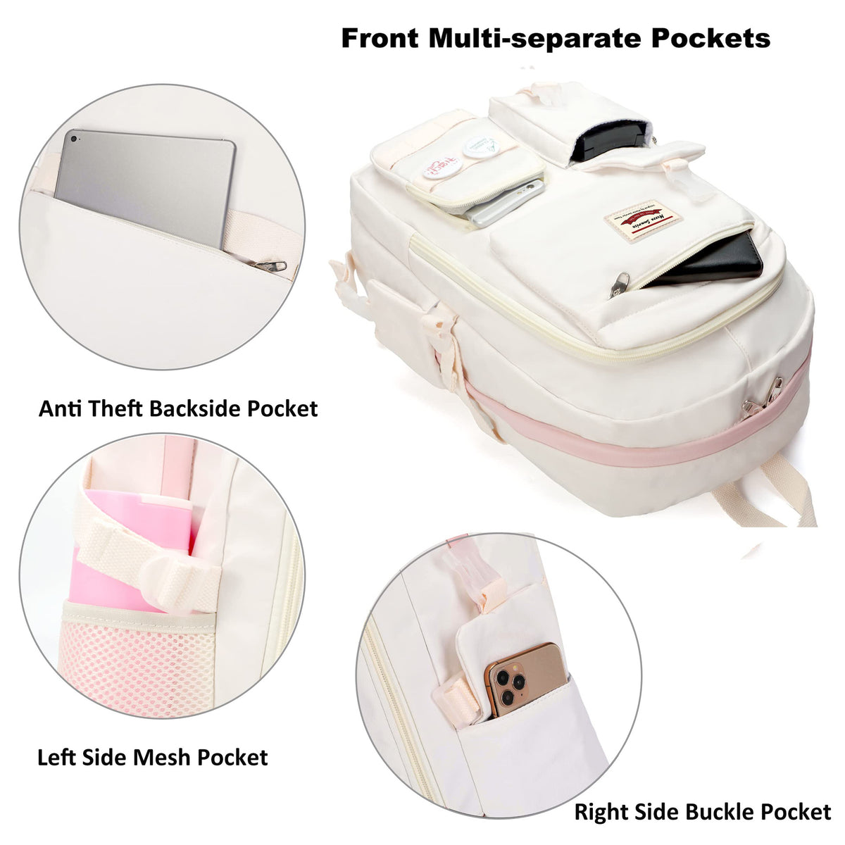 student backpack with multiple front pockets hidden back pocket side mesh pocket and buckle phone pocket
