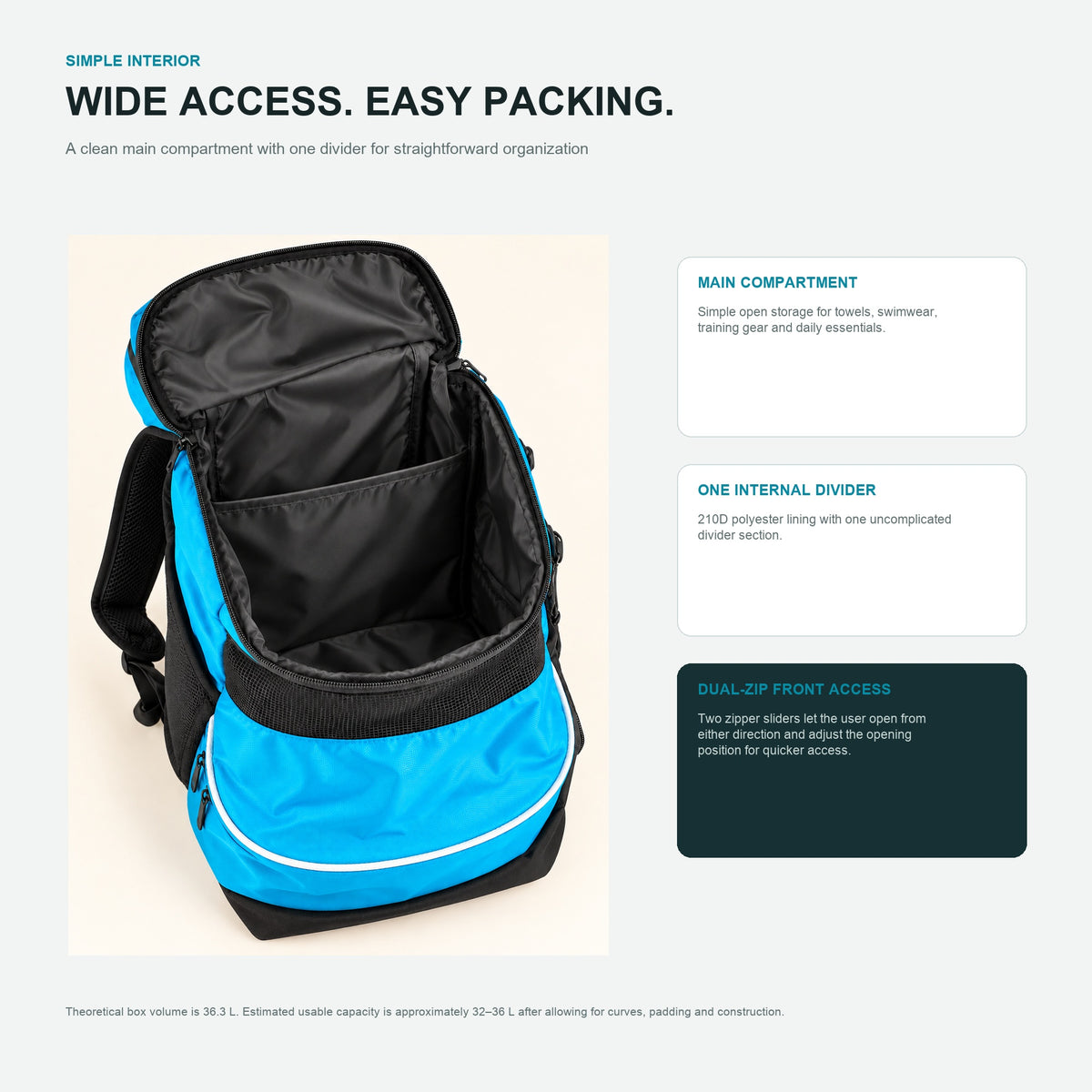 Swim backpack opened to show a wide main compartment, black 210D polyester lining and one internal divider pocket