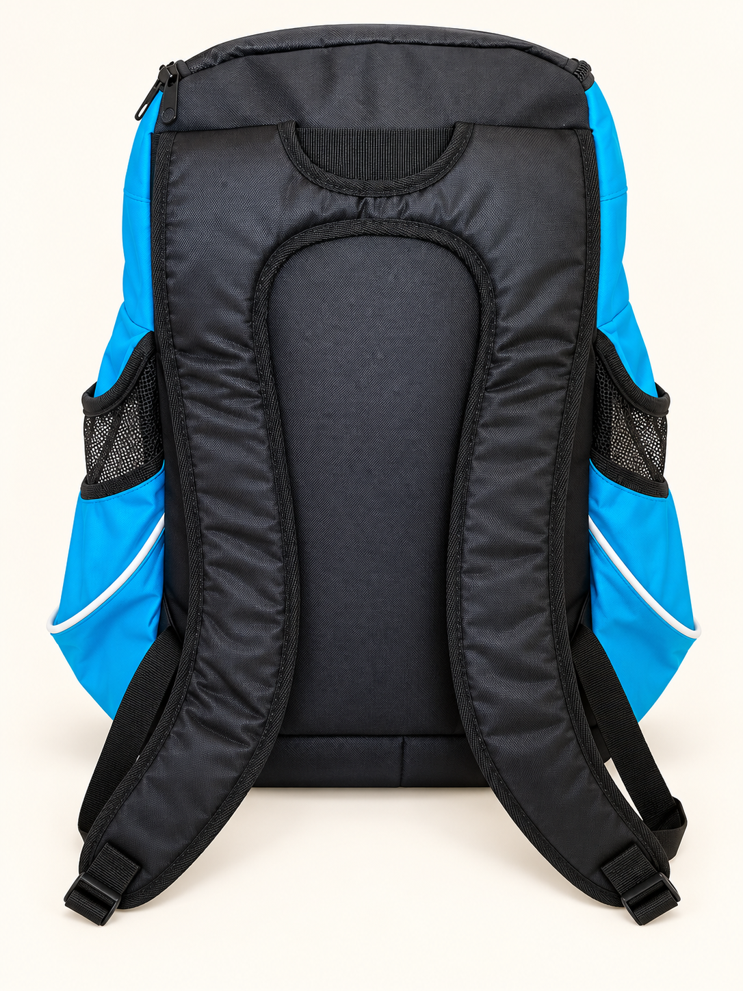 Swim backpack rear view with padded back panel, two adjustable padded shoulder straps and mesh side storage pockets