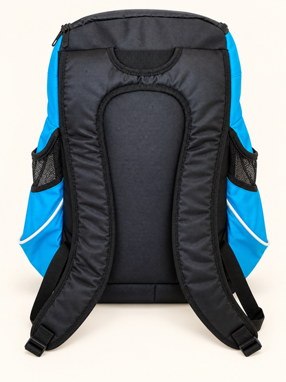 Swim backpack rear view with padded back panel, two adjustable padded shoulder straps and mesh side storage pockets