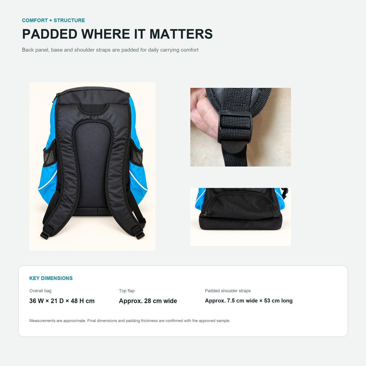 Swim backpack padding details showing padded back and base, adjustable shoulder straps approximately 7.5 cm wide and 53 cm long