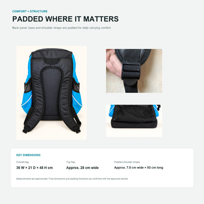 Swim backpack padding details showing padded back and base, adjustable shoulder straps approximately 7.5 cm wide and 53 cm long