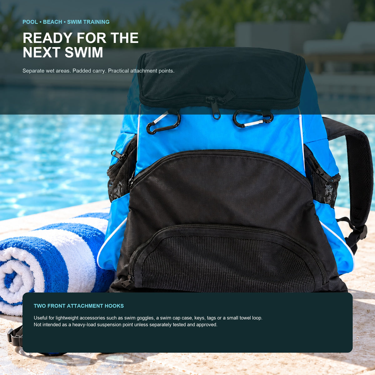 Swimming backpack with two front accessory hooks for lightweight swim gear shown beside a pool with towel and goggles