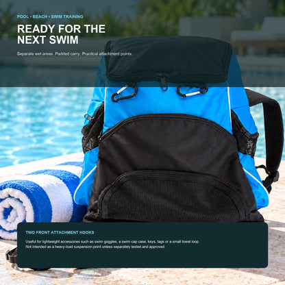 Swimming backpack with two front accessory hooks for lightweight swim gear shown beside a pool with towel and goggles