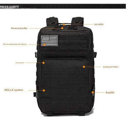 tactical backpack front structure with molle webbing buckles patch panel and cord zipper pulls