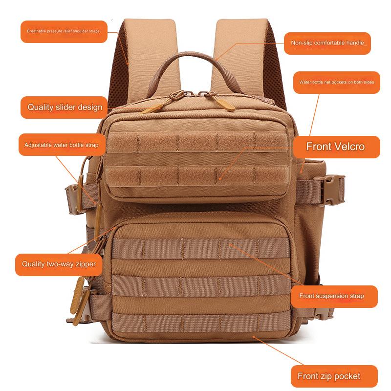 tactical backpack with front velcro panel and multiple zipper pockets