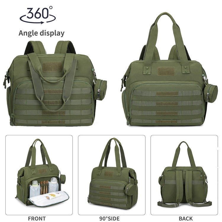 olive green tactical diaper bag front organizer open view side pocket and rear adjustable backpack straps