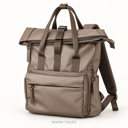 taupe custom pu fold top backpack with front zipper compartment two carry handles and adjustable shoulder straps