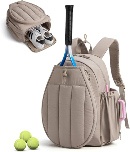 taupe tennis and pickleball sports backpack with dedicated racket section separate shoe compartment and side storage