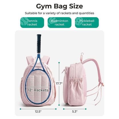 tennis pickleball backpack size chart showing approximately 12.5 x 5.3 x 17.7 inches with racket storage