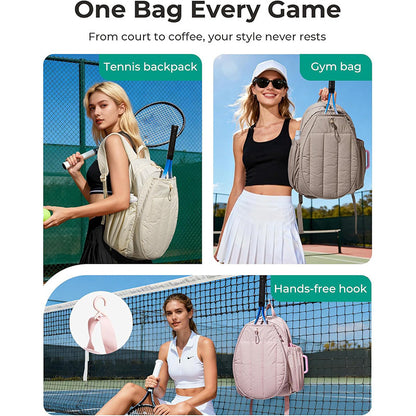 tennis and pickleball backpack shown for court use with racket storage and top hook for hanging on a fence
