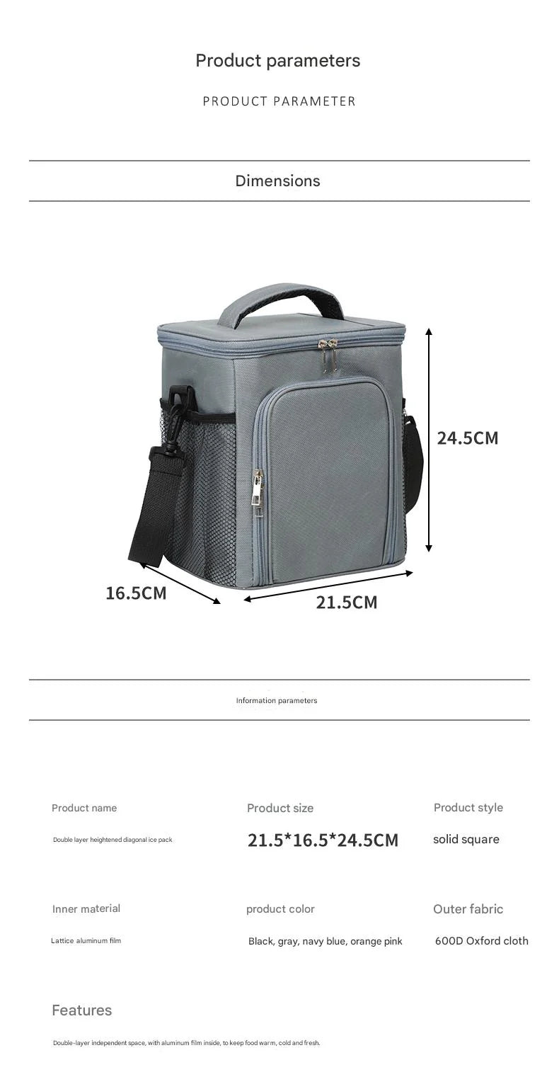 gray ice pack thermal lunch bag,front fastening,dimension
