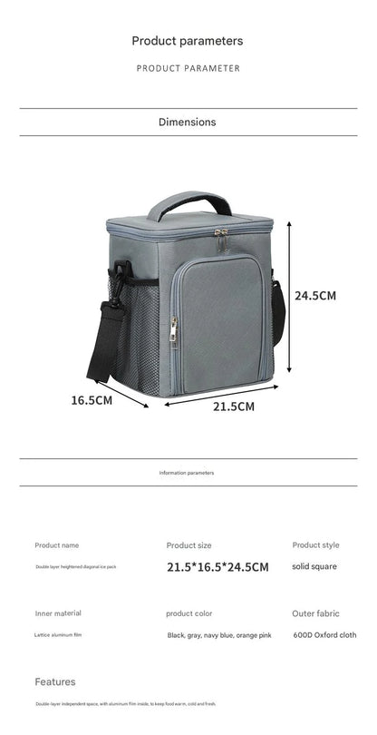 gray ice pack thermal lunch bag,front fastening,dimension