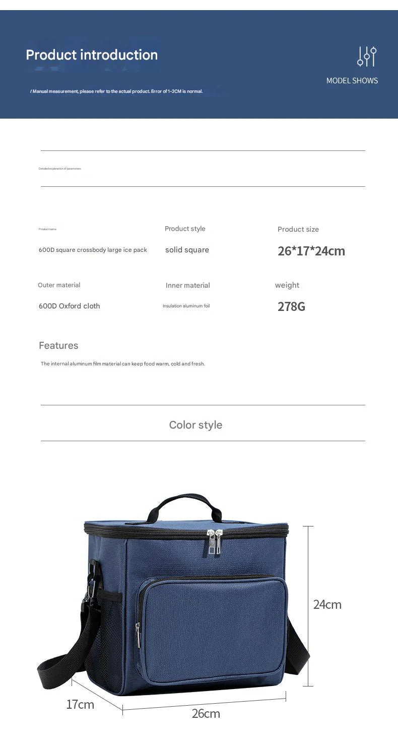 navy ice pack thermal lunch bag,large capacity,dimensions