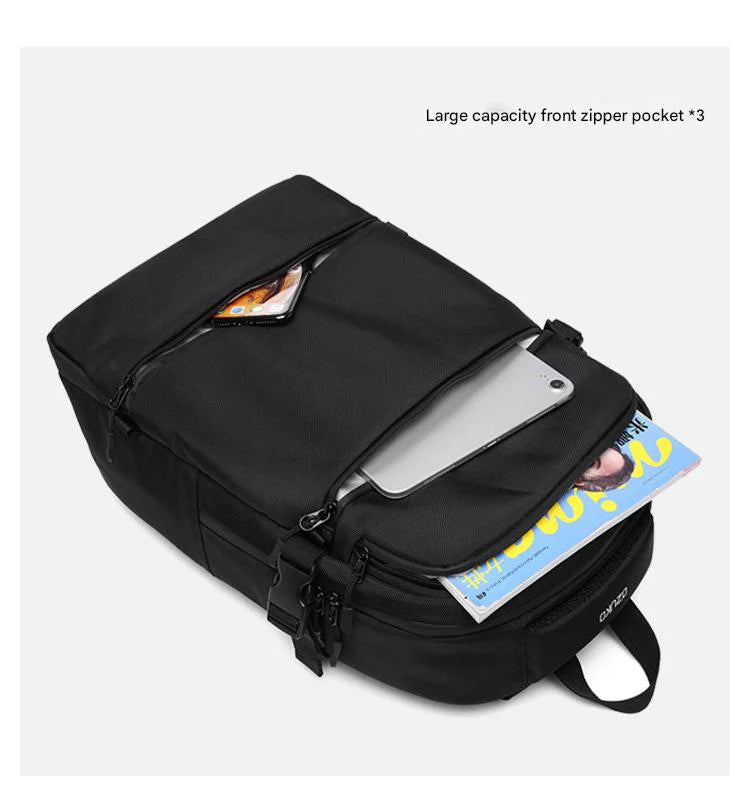 business backpack with three large front zipper pockets for phone tablet documents and quick-access storage