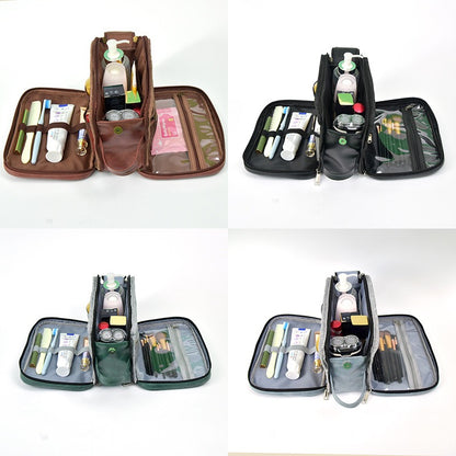 three layer cosmetic bag with separate compartments for makeup brushes and toiletries