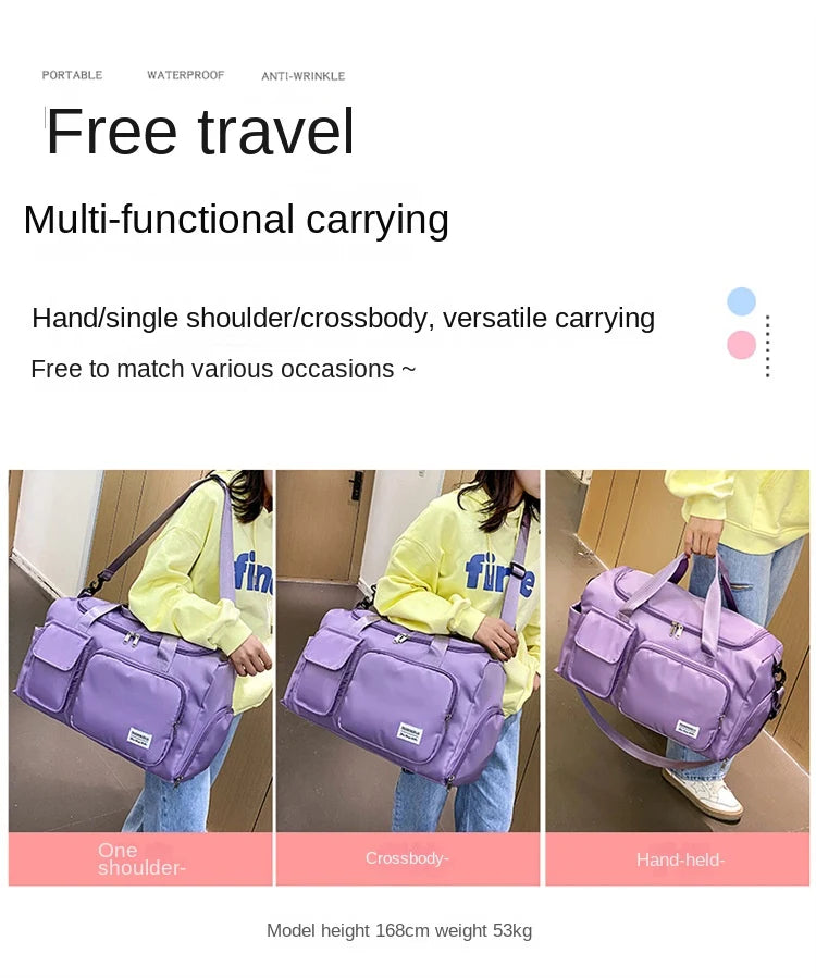 womens travel bag shown as hand carry single shoulder and crossbody bag