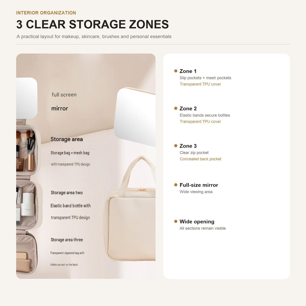 custom makeup organizer with mesh pockets clear tpu covers elastic bottle holders and zippered storage sections