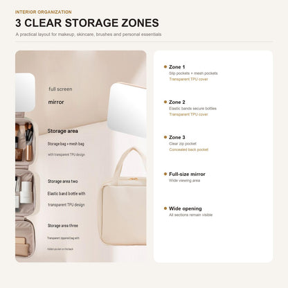 custom makeup organizer with mesh pockets clear tpu covers elastic bottle holders and zippered storage sections