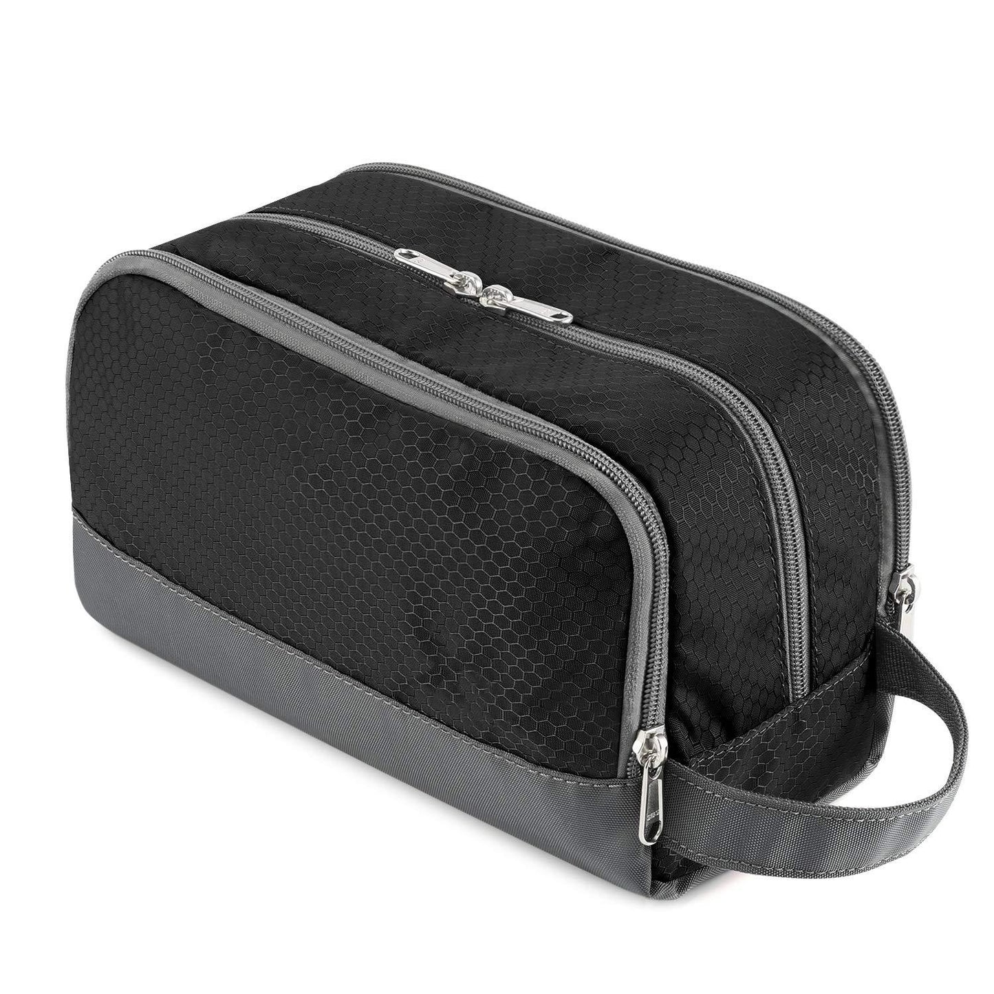 black waterproof cosmetic bag front view with zipper and carry handle