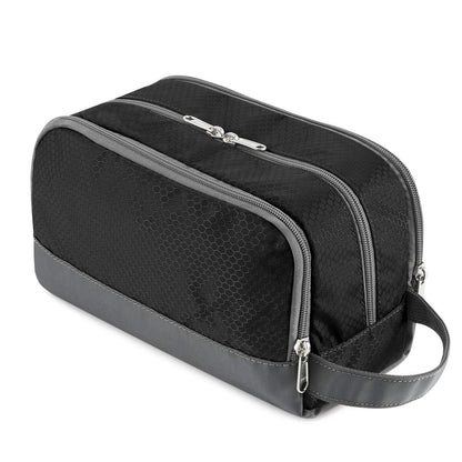 black waterproof cosmetic bag front view with zipper and carry handle