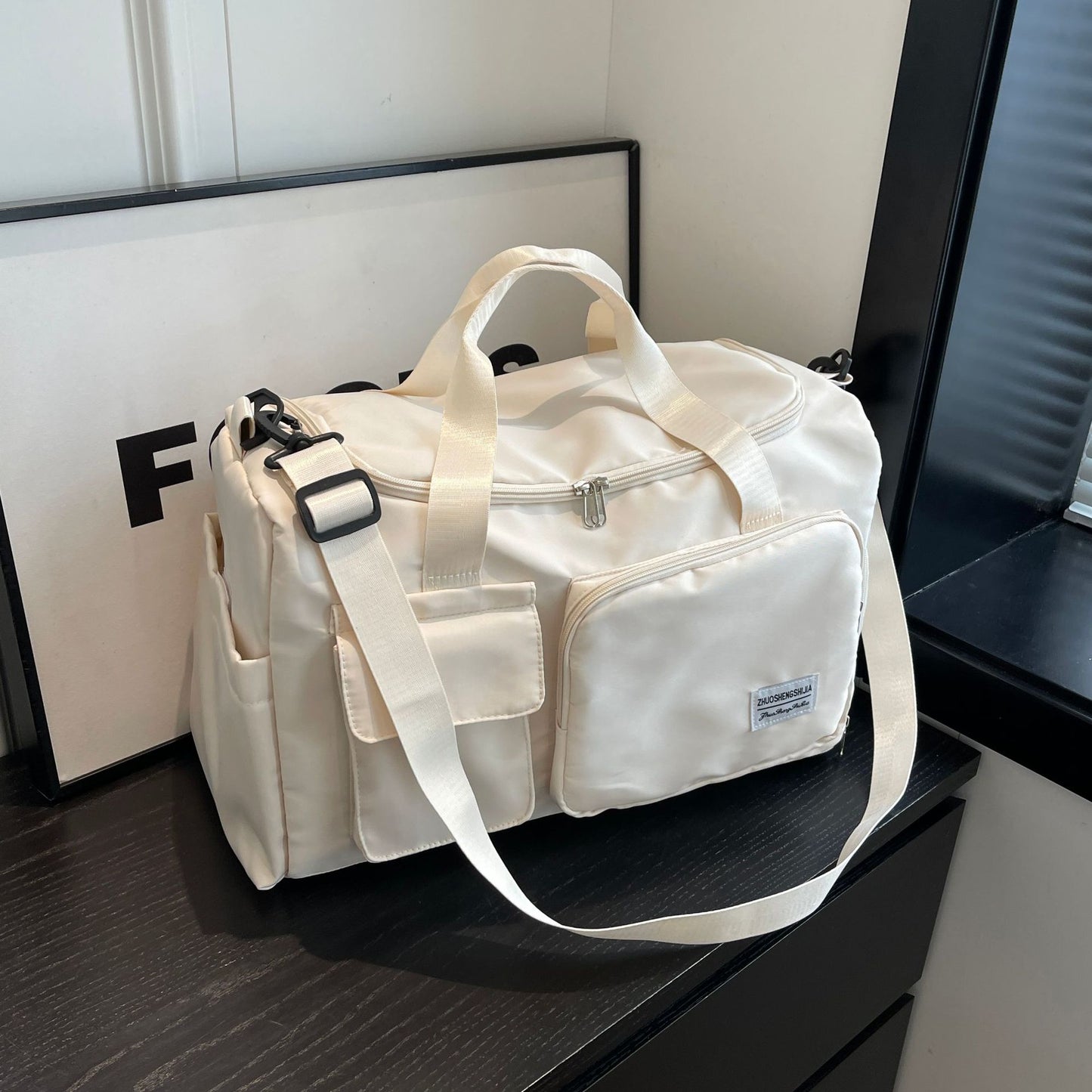 beige oxford training travel bag,women,front