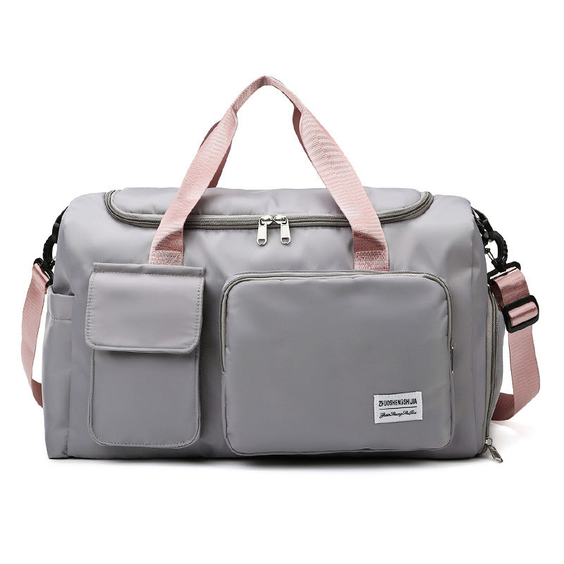 pink with gray oxford training travel bag,women,front