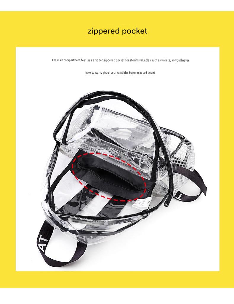 transparent backpack main compartment with hidden internal zippered pocket for wallets and small valuables