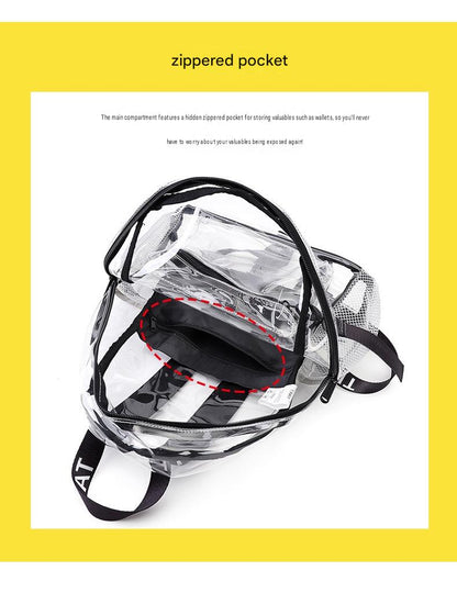 transparent backpack main compartment with hidden internal zippered pocket for wallets and small valuables