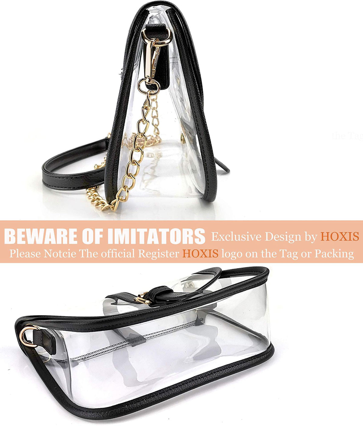 transparent pvc shoulder bag side and bottom views showing clear side panels black edge binding and gold-tone hardware