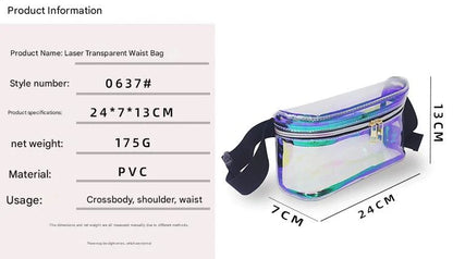 transparent pvc waist bag size 24 x 7 x 13 cm with 175 g net weight and adjustable strap