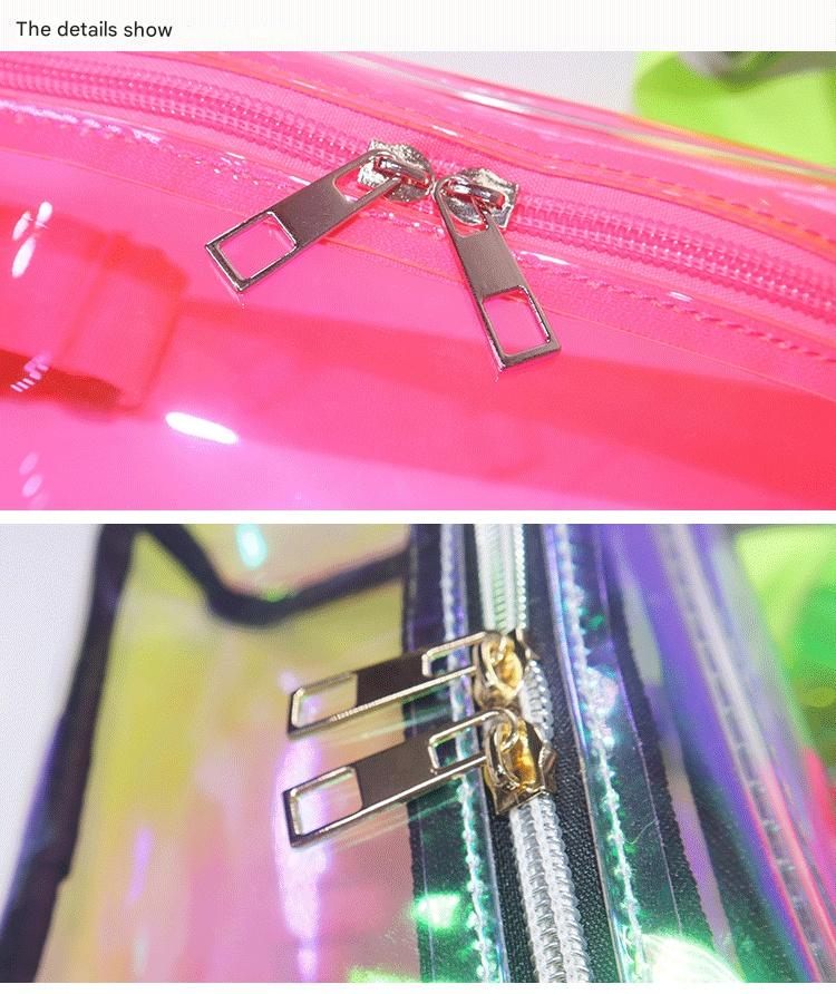 transparent pvc waist bag zipper detail shown on rose red and laser color versions