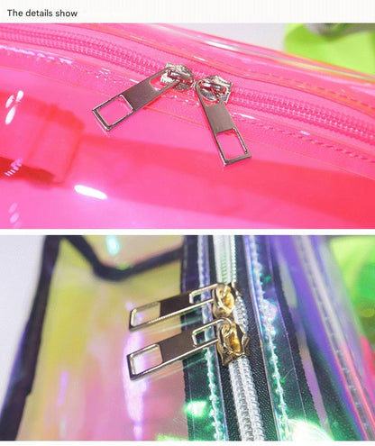 transparent pvc waist bag zipper detail shown on rose red and laser color versions