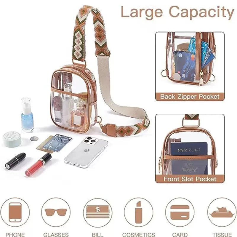 transparent sling bag storage layout with main compartment front slot pocket and back zipper pocket for phone cards and small essentials