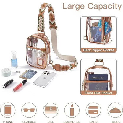 transparent sling bag storage layout with main compartment front slot pocket and back zipper pocket for phone cards and small essentials