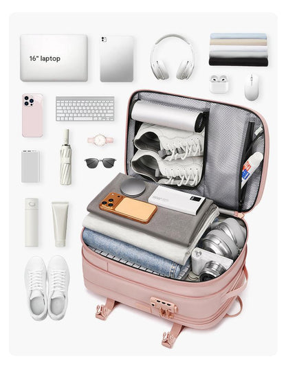 travel backpack packing capacity for 16-inch laptop clothing shoes camera electronics and travel essentials