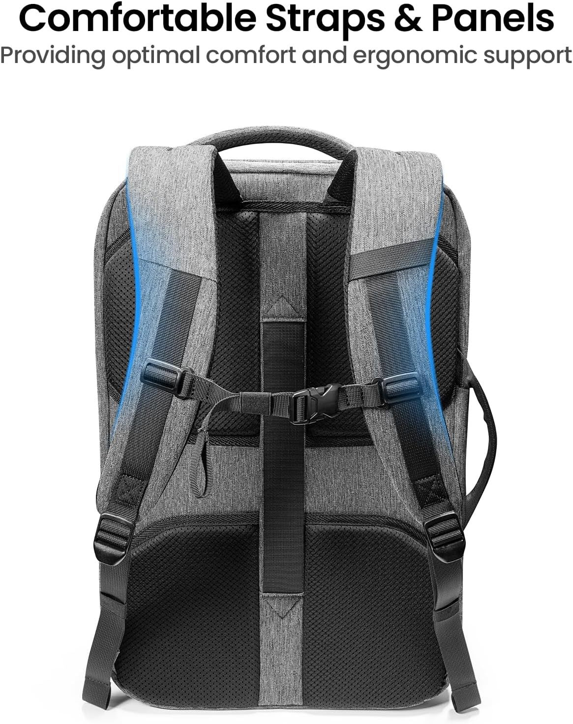 travel backpack with breathable back cushion and ergonomic shoulder support