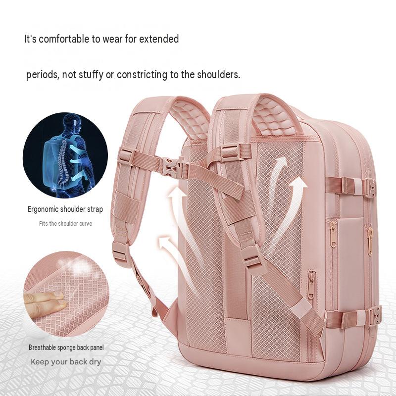 travel backpack with ergonomic padded shoulder straps chest strap and breathable sponge back panel