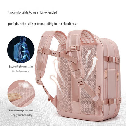 travel backpack with ergonomic padded shoulder straps chest strap and breathable sponge back panel