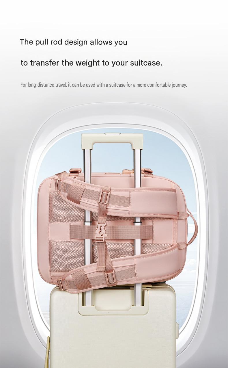 travel backpack with luggage sleeve secured over suitcase trolley handle for airport travel